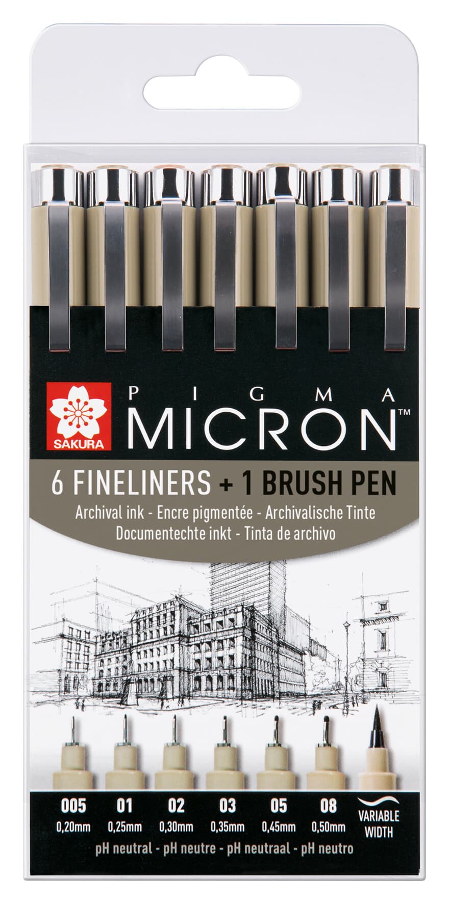 Fineliner Sakura Pigma Micron 6 schrijfbreedtes en brushpen zwart
