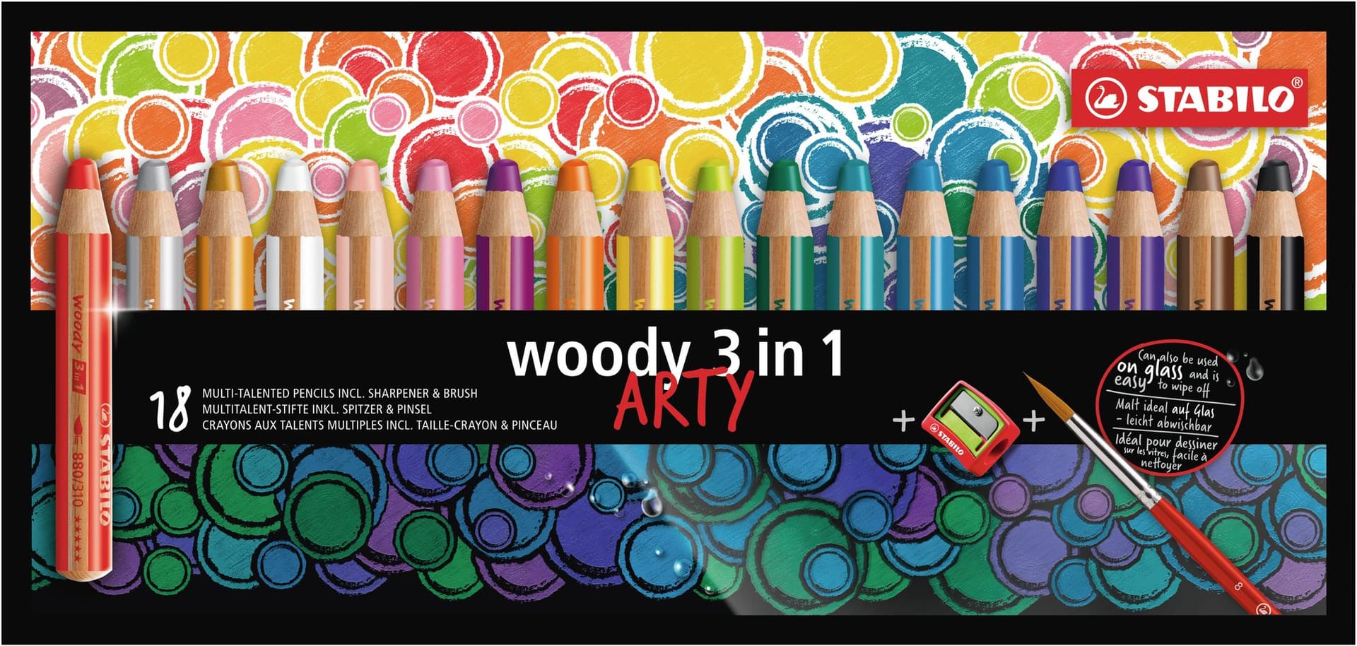 Kleurpotloden STABILO 880 woody 3 in 1 Arty + slijper+penseel ass 18st