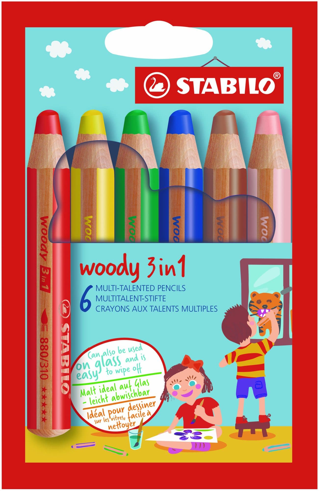 Kleurpotloden STABILO 880 woody 3 in 1 assorti etui à 6 stuks