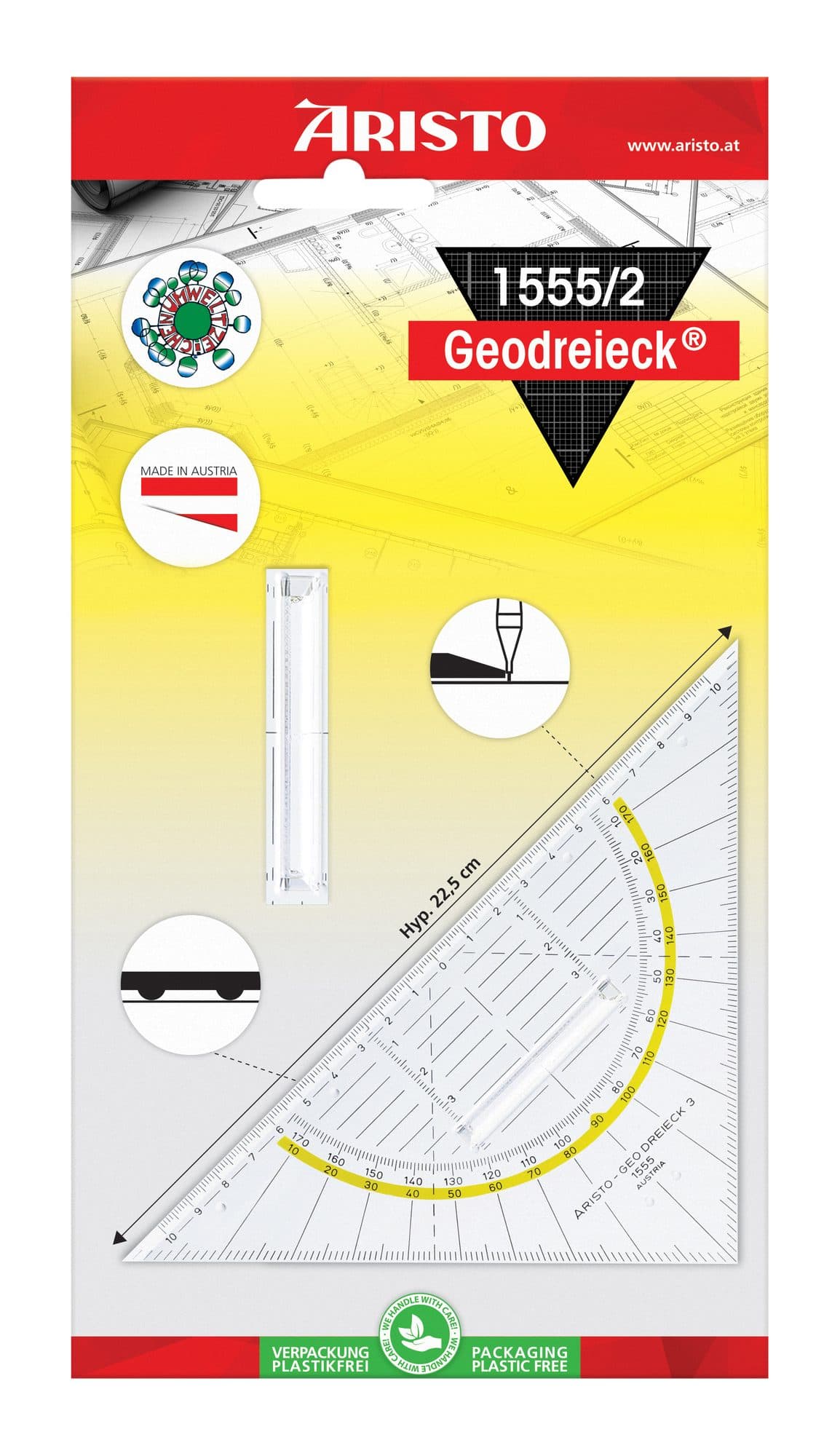 Geodriehoek Aristo 1552 160mm transparant met gele rand 2