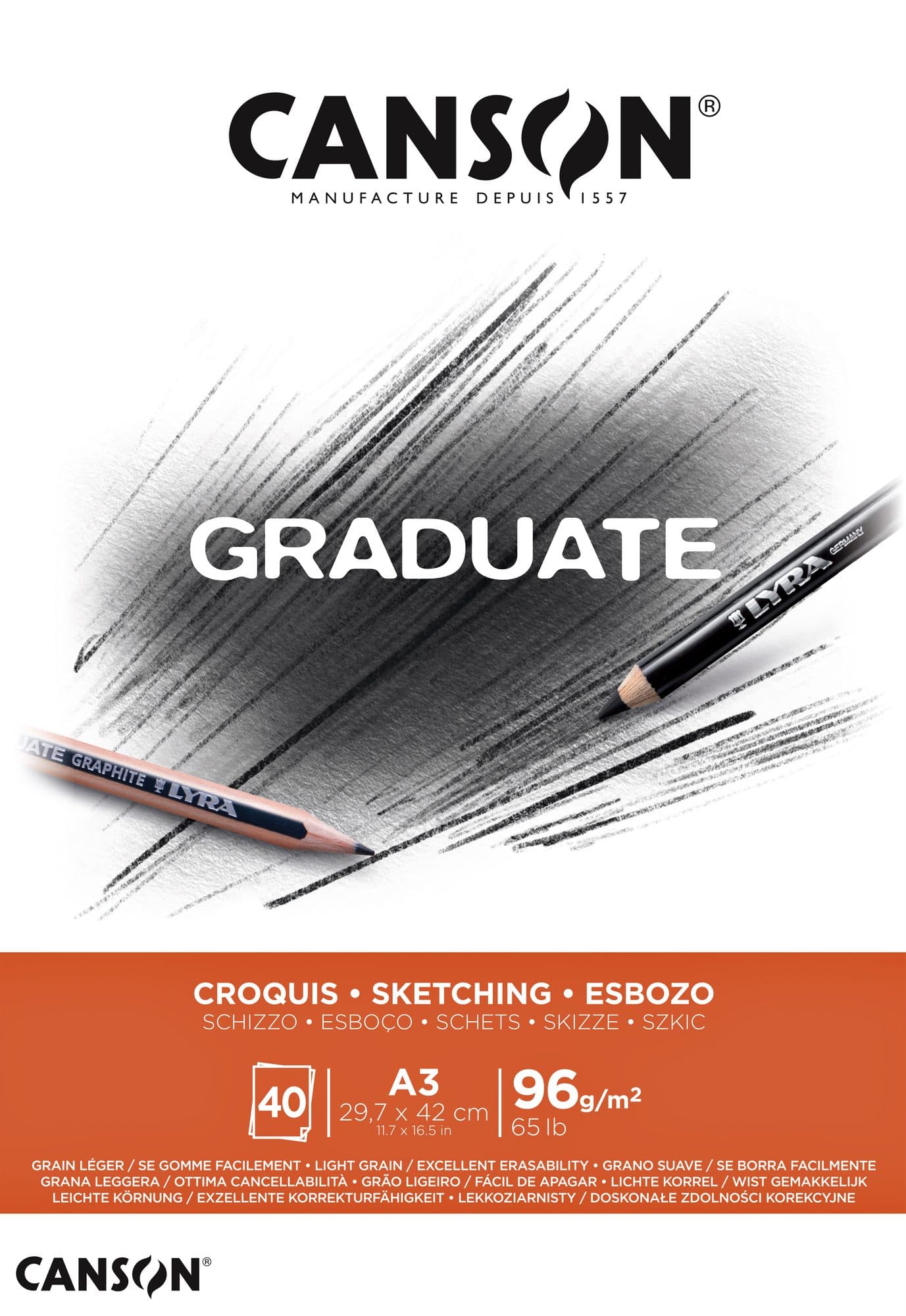 Schetspapier Canson Graduate Sketch 40vel 96gr A3 natuurlijk wit