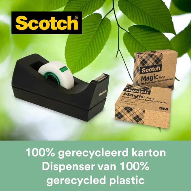 Plakbandhouder Scotch C38 recycled zwart + 3rol magic tape 900 19mmx33m 4
