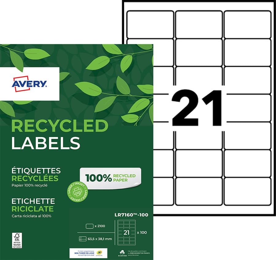 Etiket Avery LR7160-100 63.5x38.1mm recycled wit 2100 stuks 2