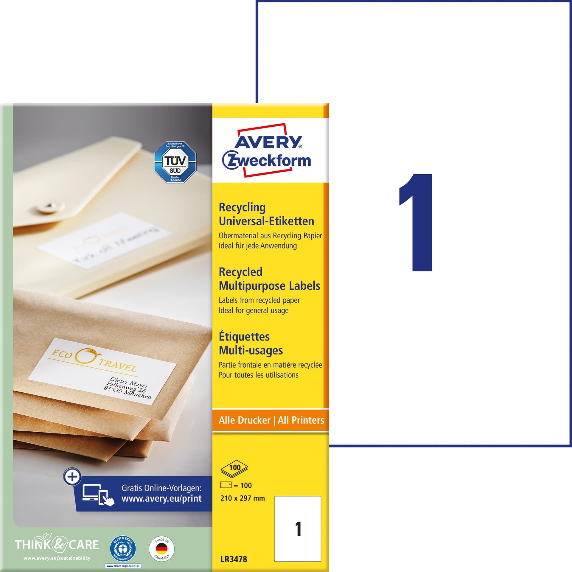 Etiket Avery LR3478 210x297mm A4 recycled wit 100 stuks 2