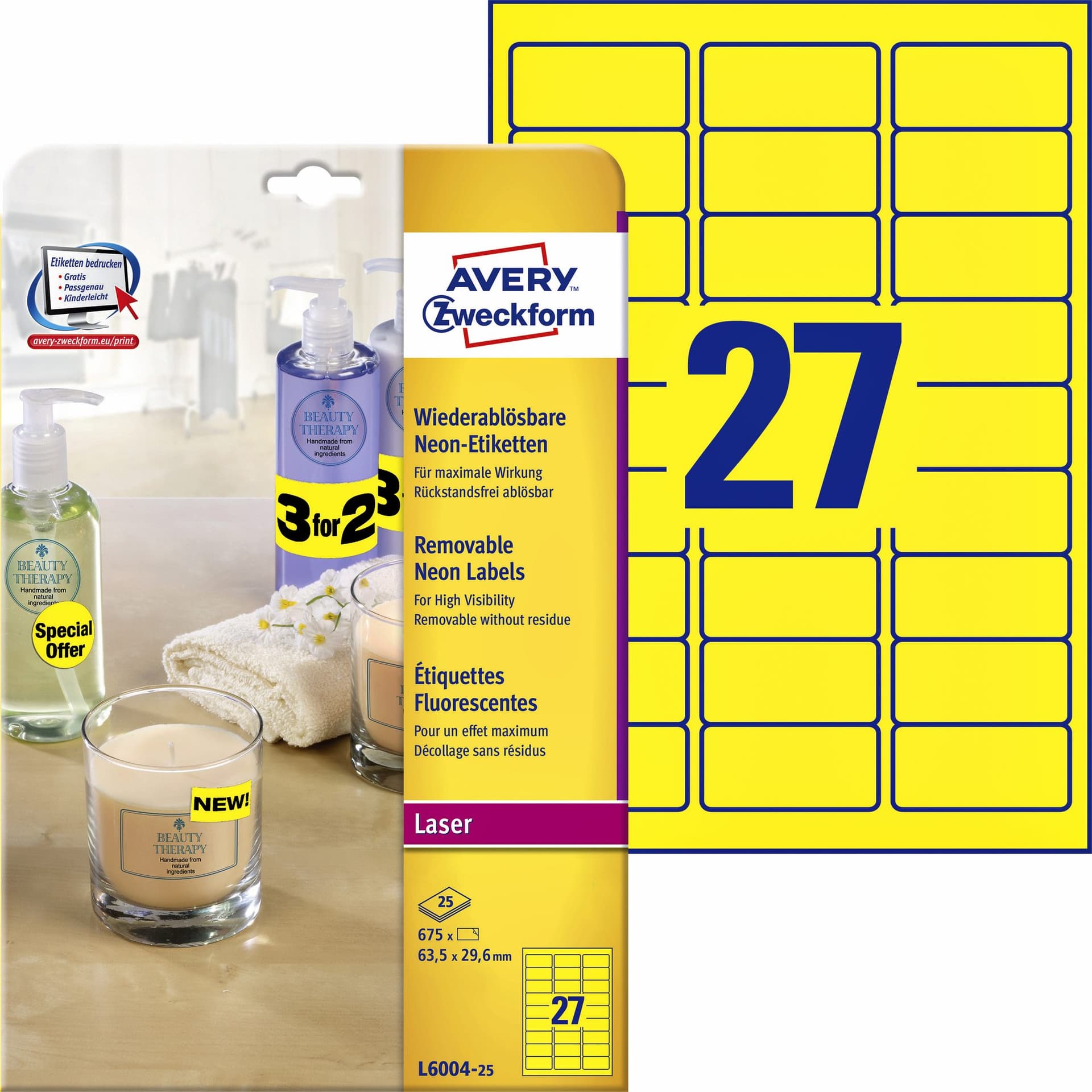 Etiket Avery L6004-25 63.5x29.6 neon geel 675 stuks