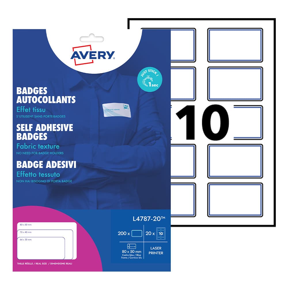 Naambadge etiket Avery L4787-20 80x50mm blauw kader 200 stuks 2
