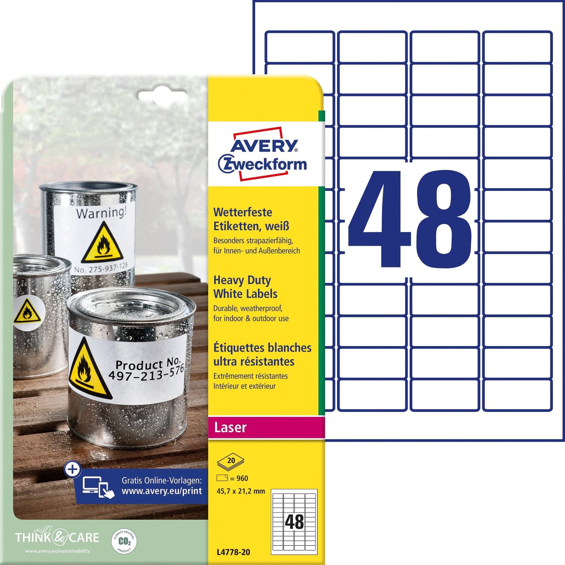 Etiket Avery L4778-20 45.7x21.2mm polyester wit 960 stuks