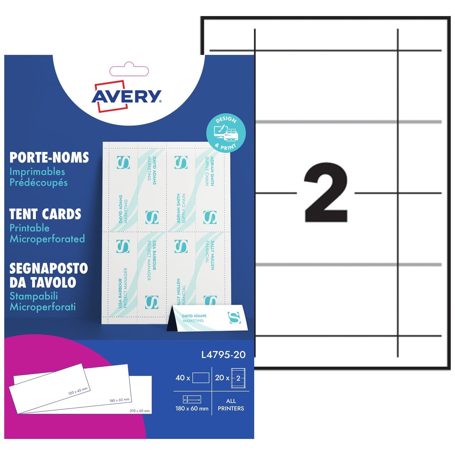 Tafelnaambord Avery L4795-20 180x60mm wit 20 stuks 2