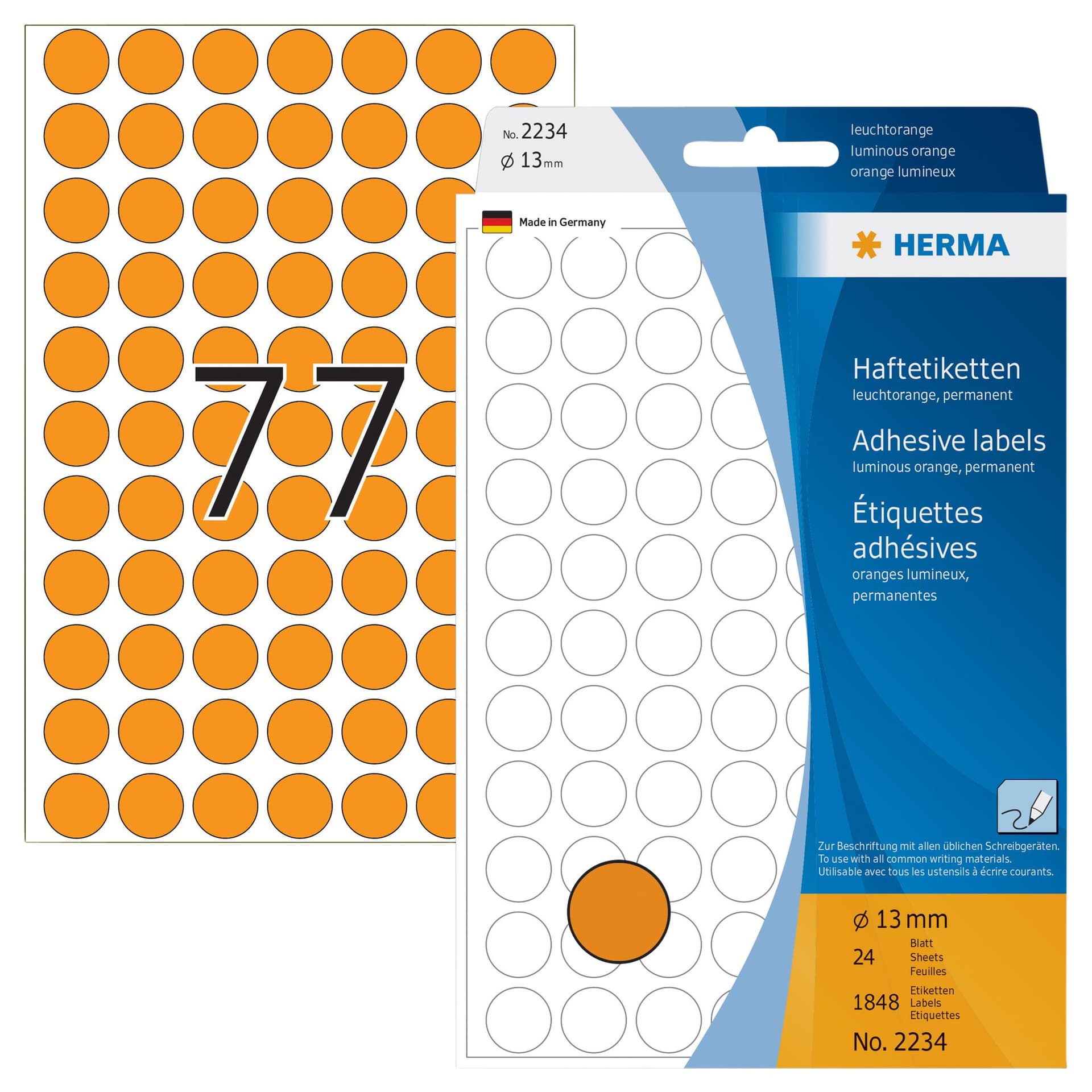 Etiket HERMA 2234 rond 13mm fluor oranje 1848 stuks 2