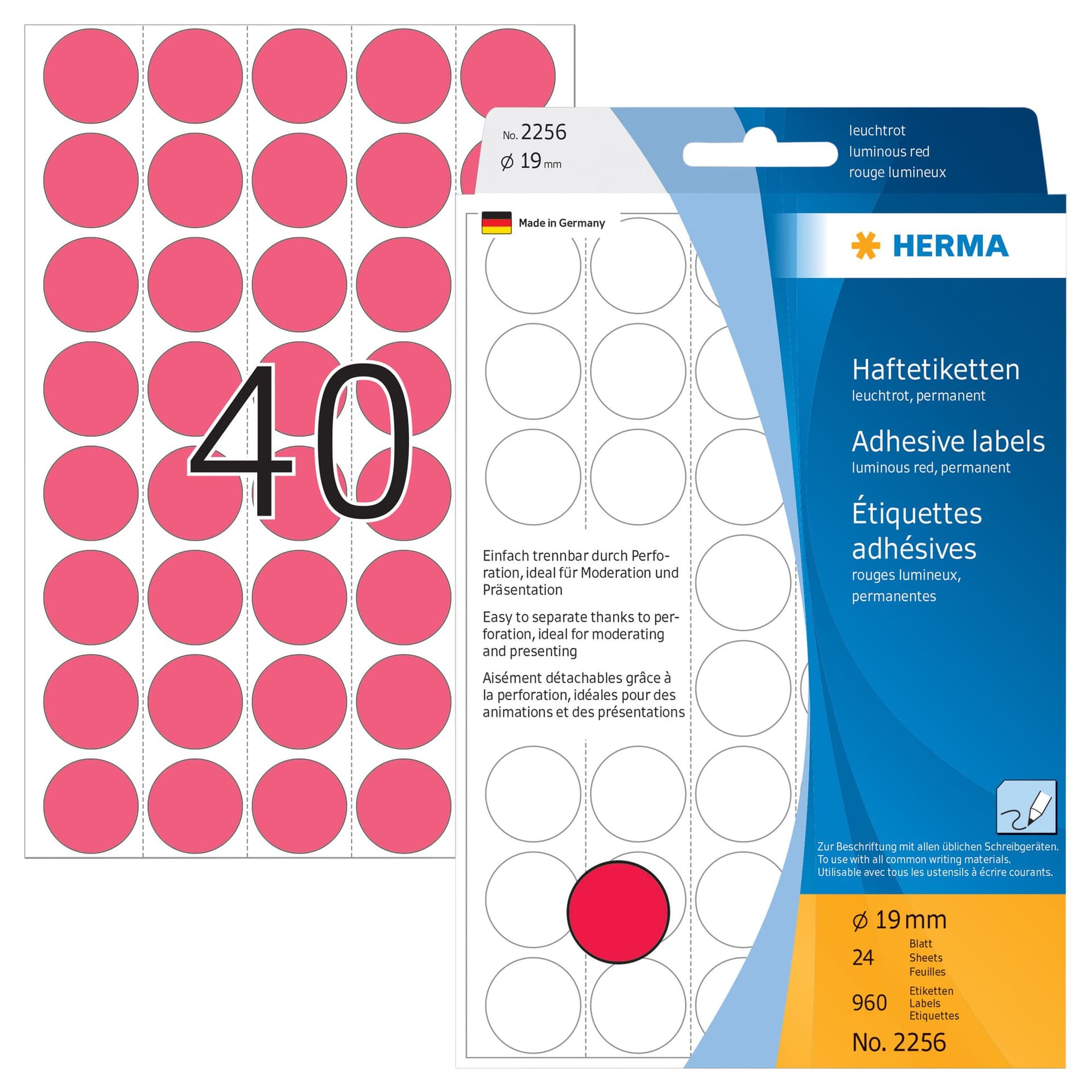Etiket HERMA 2256 rond 19mm fluor rood 960 stuks 2