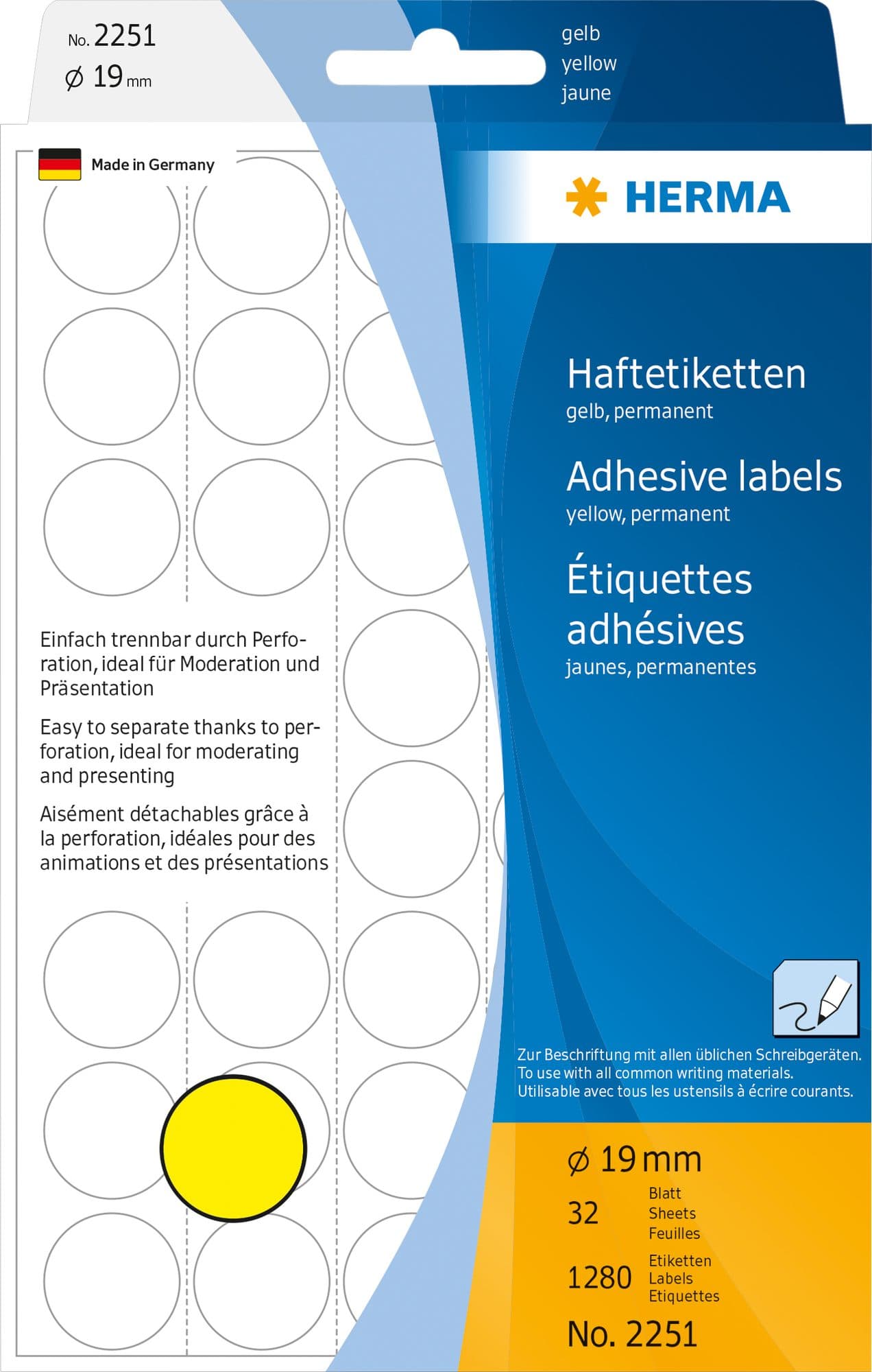 Etiket HERMA 2251 rond 19mm geel 1280 stuks