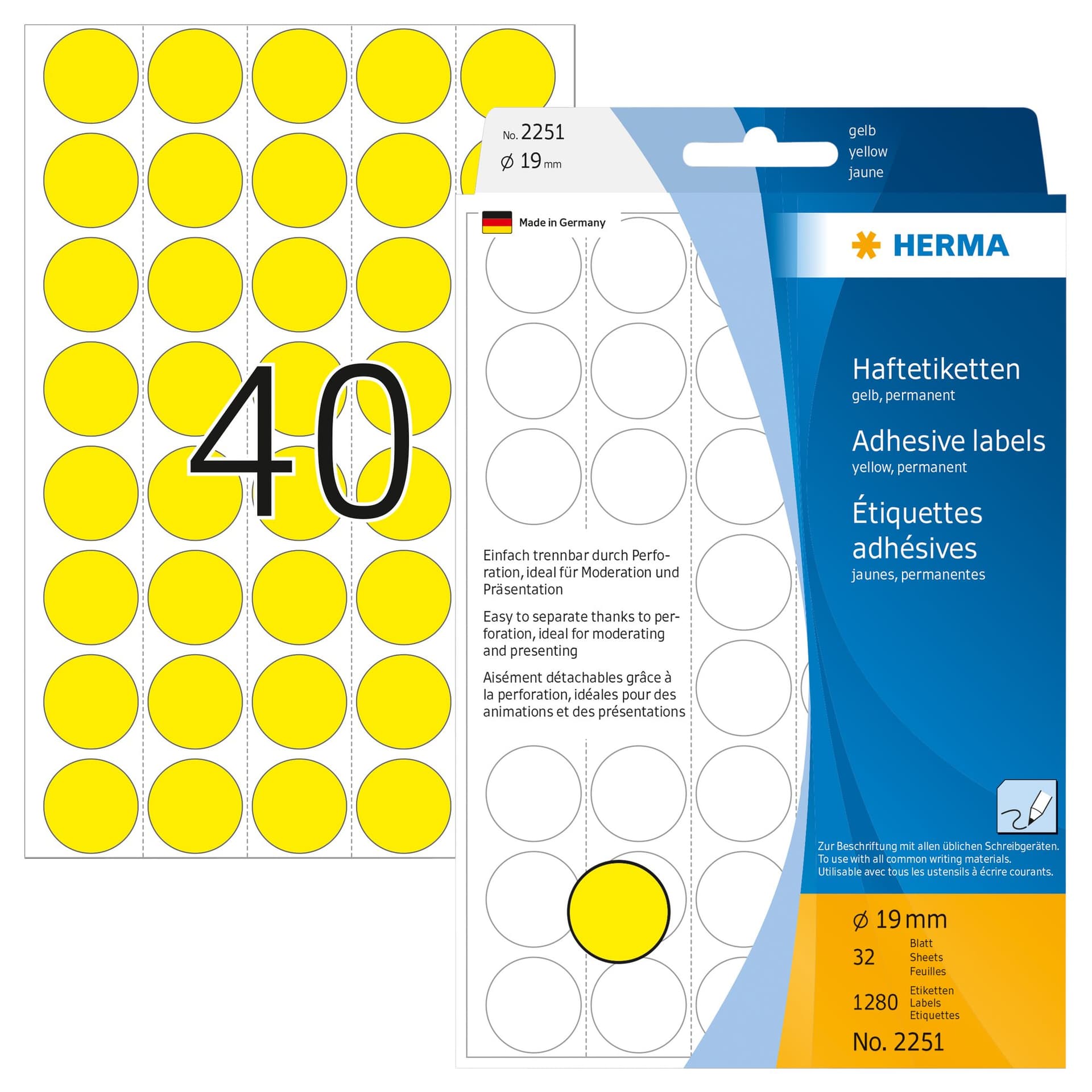Etiket HERMA 2251 rond 19mm geel 1280 stuks 2