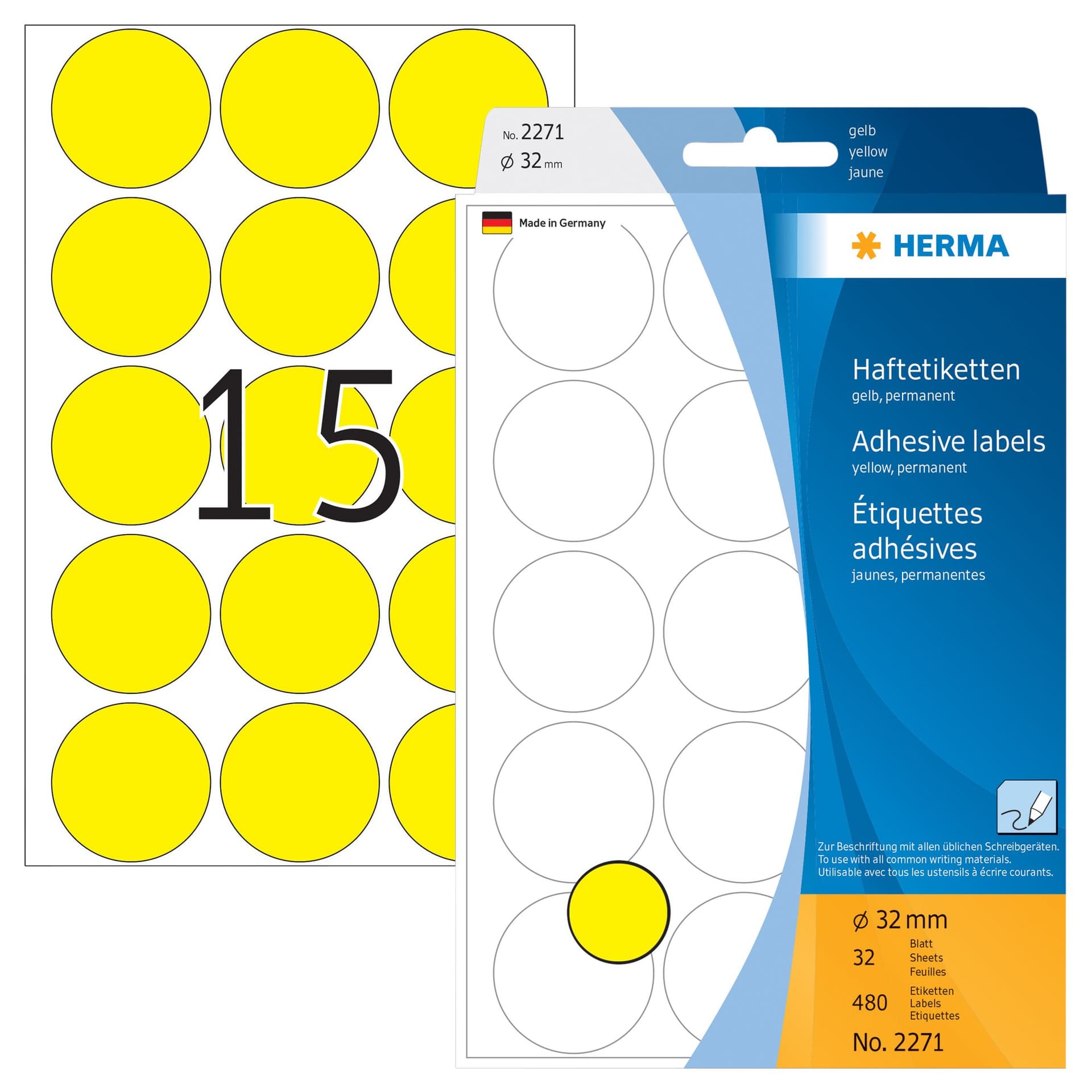 Etiket HERMA 2271 rond 32mm geel 480 stuks 2