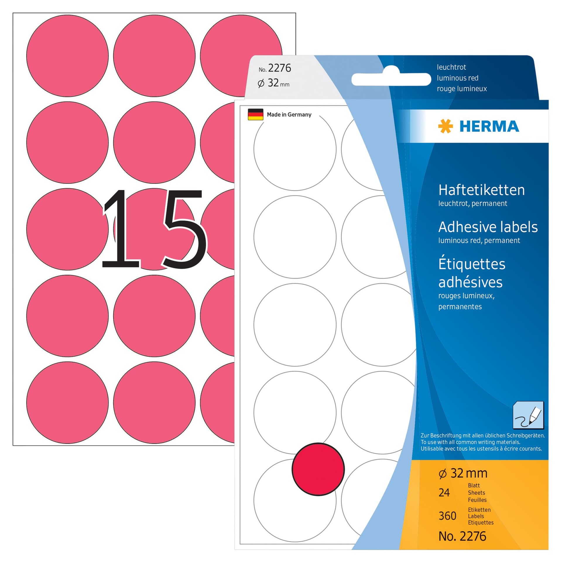 Etiket HERMA 2276 rond 32mm fluor rood 360 stuks 2