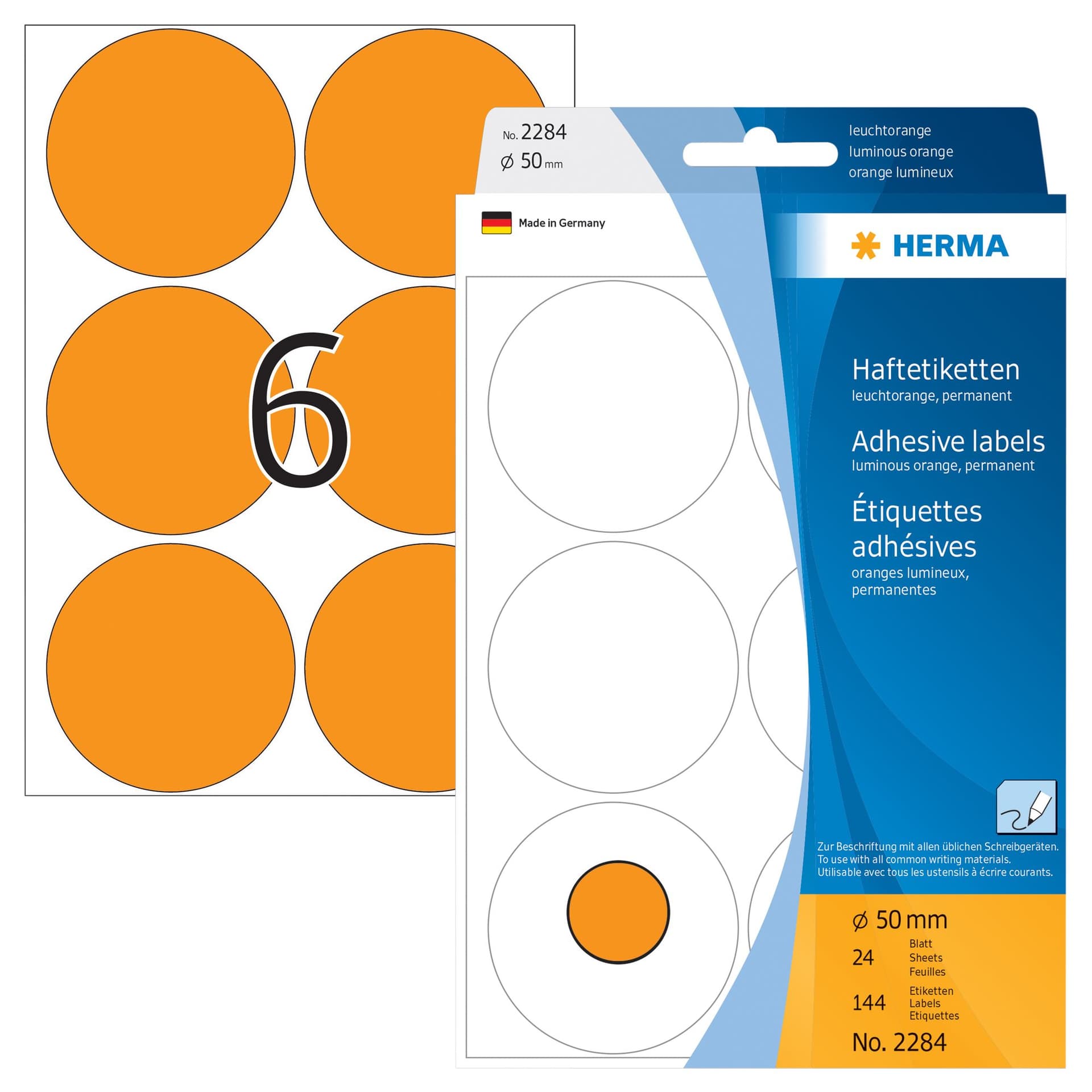Etiket HERMA 2284 rond 50mm fluor oranje 144 stuks 2