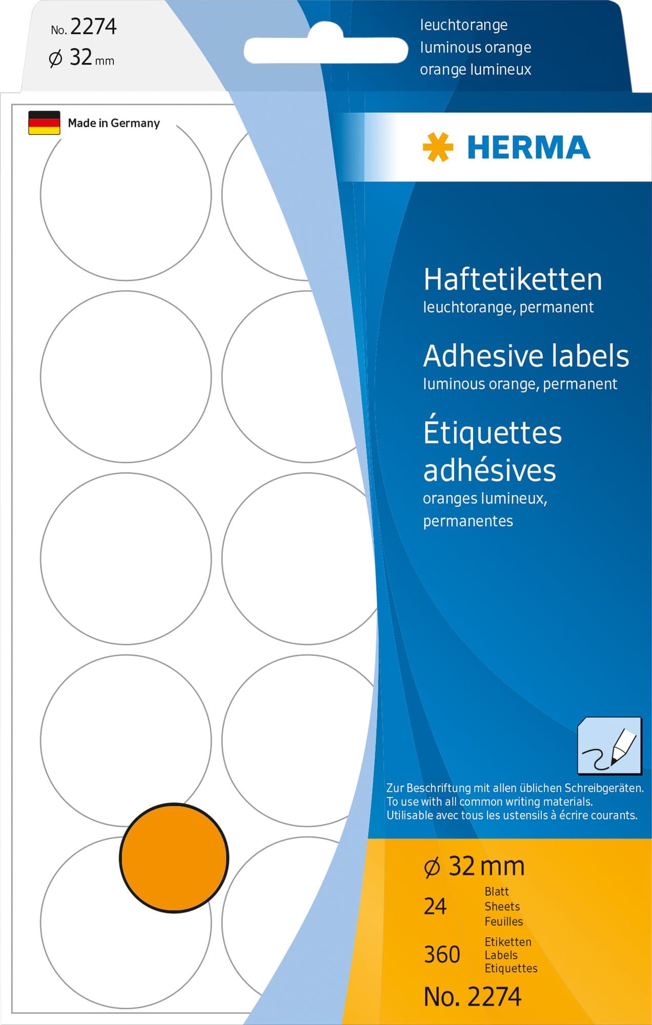 Etiket HERMA 2274 rond 32mm fluor oranje 360 stuks