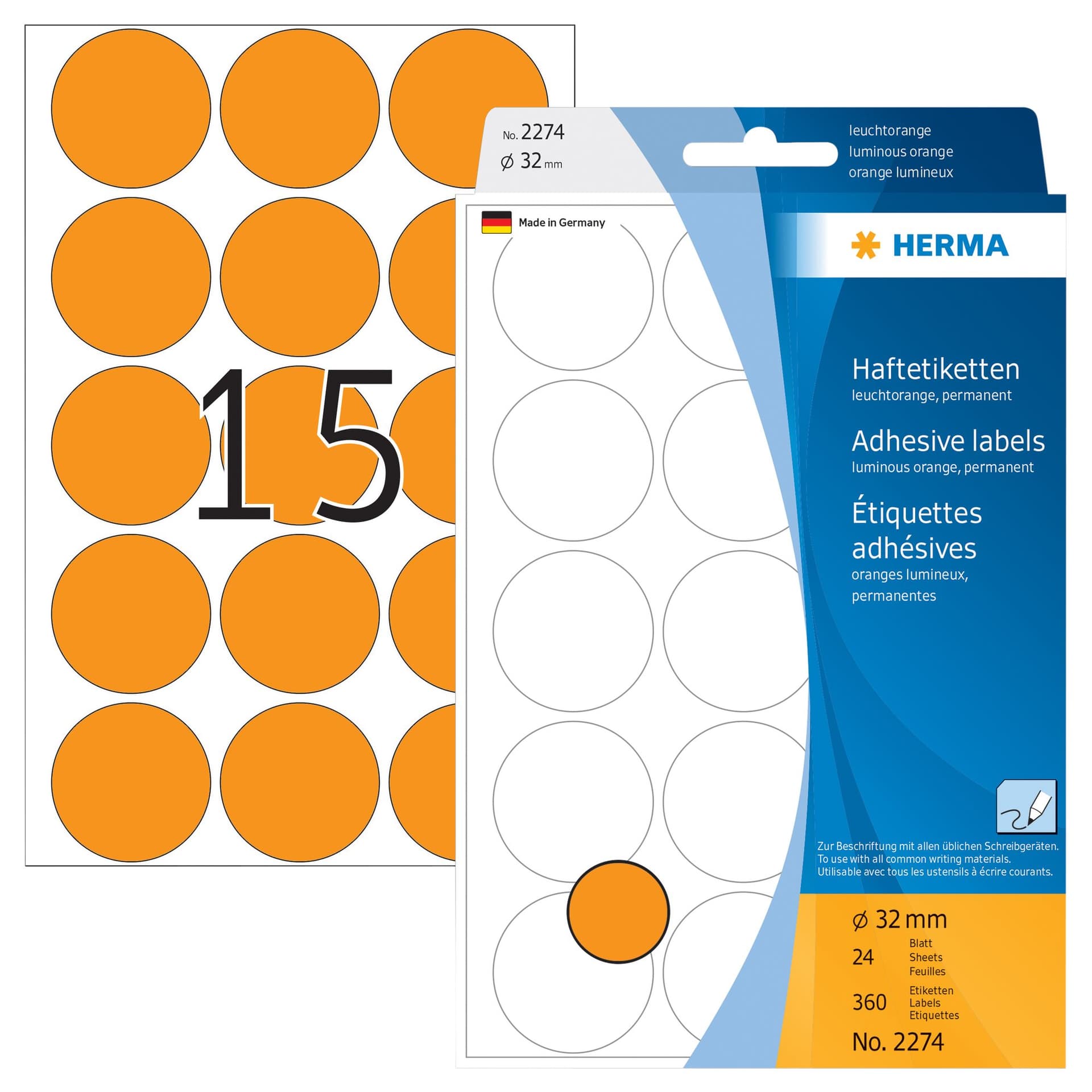 Etiket HERMA 2274 rond 32mm fluor oranje 360 stuks 2