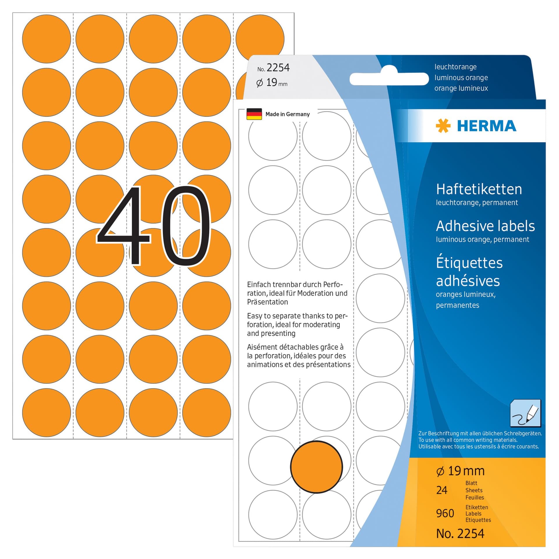 Etiket HERMA 2254 rond 19mm fluor oranje 960 stuks 2
