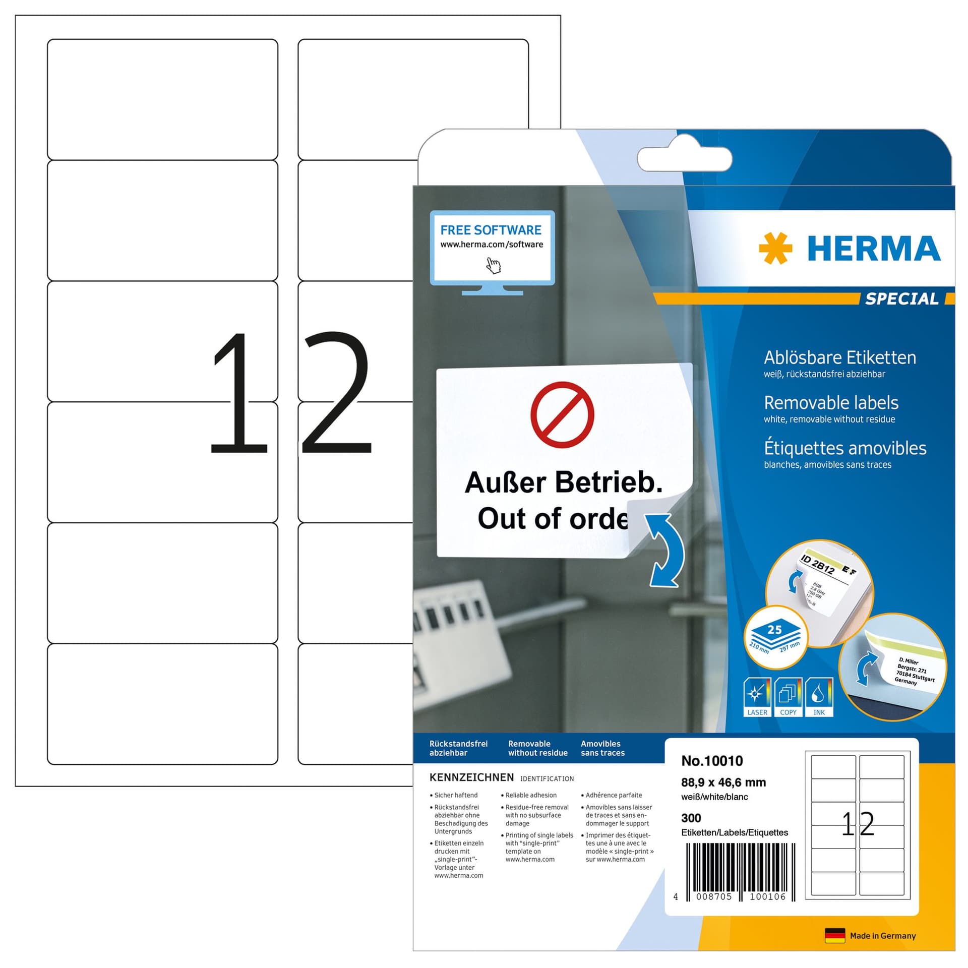 Etiket HERMA 10010 88.9x46.6mm verwijderbaar wit 300 stuks