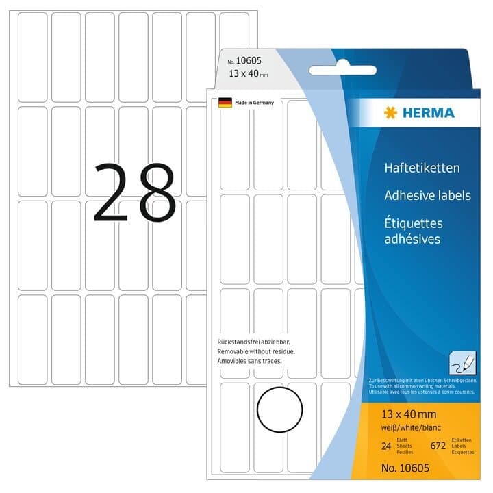 Etiket HERMA 10605 13x40mm verwijderbaar wit 672 stuks