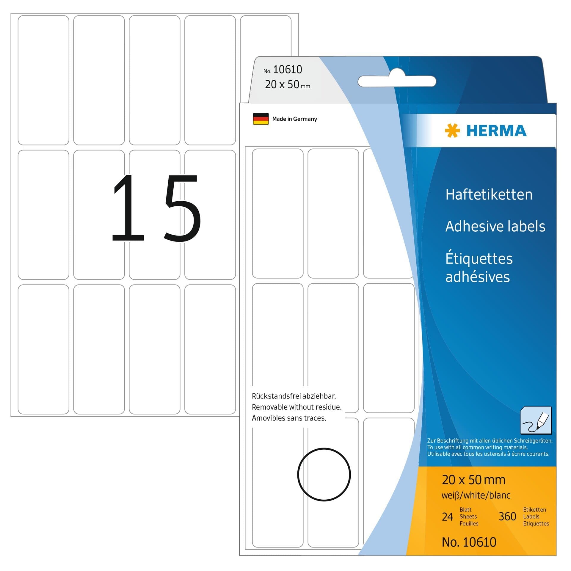 Etiket HERMA 10610 20x50mm verwijderbaar wit 360 stuks