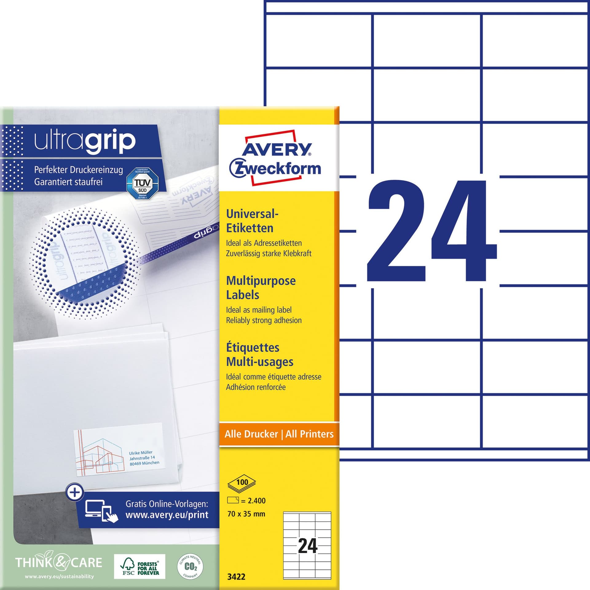 Etiket Avery 3422 70x35mm wit 2400 stuks 2
