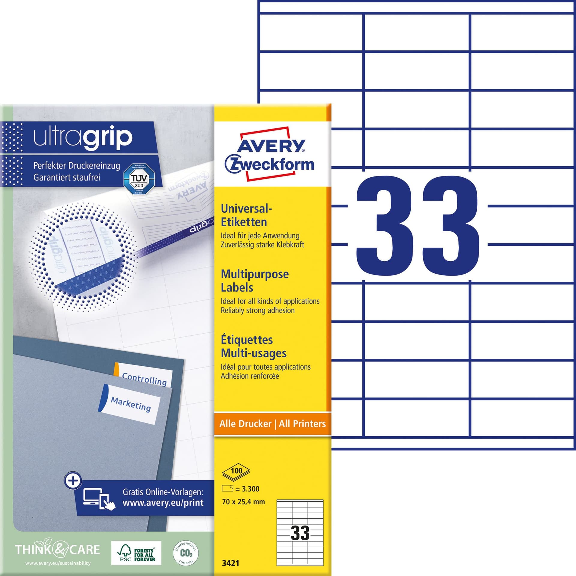 Etiket Avery 3421 70x25.4mm wit 3300 stuks 2
