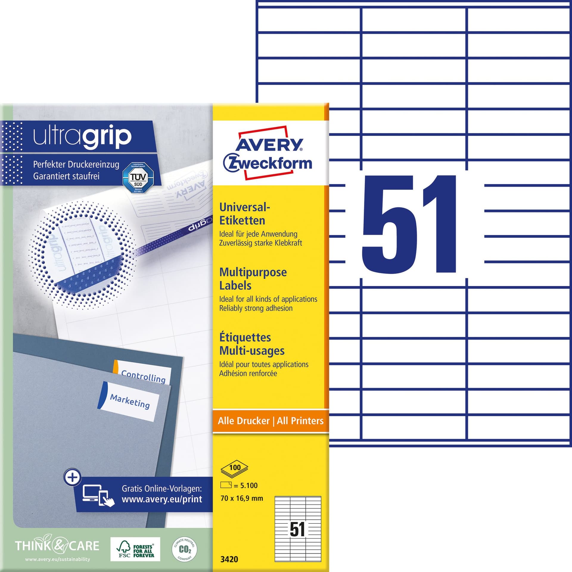 Etiket Avery 3420 70x16.9mm wit 5100 stuks 2