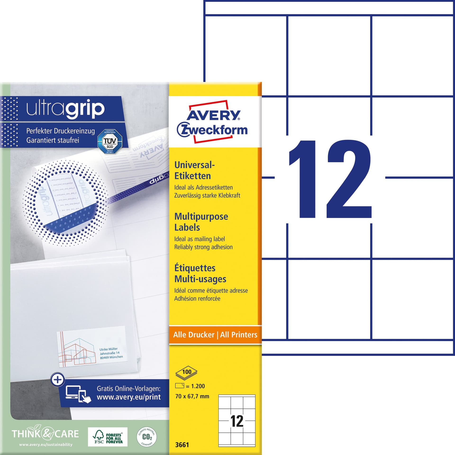 Etiket Avery 3661 70x67.7mm wit 1200 stuks 2