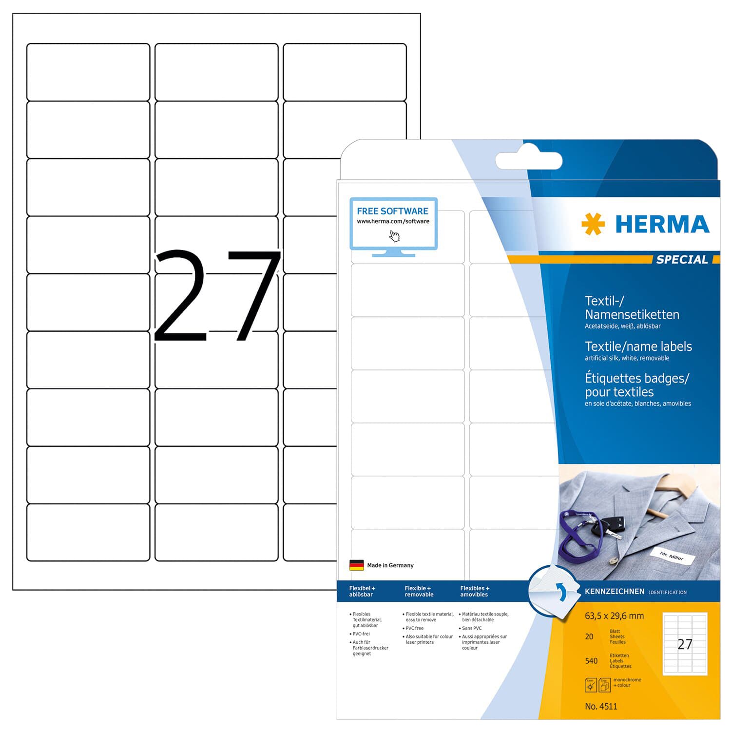 Naambadge etiket HERMA 4511 63.5x29.6mm wit 540 stuks 2