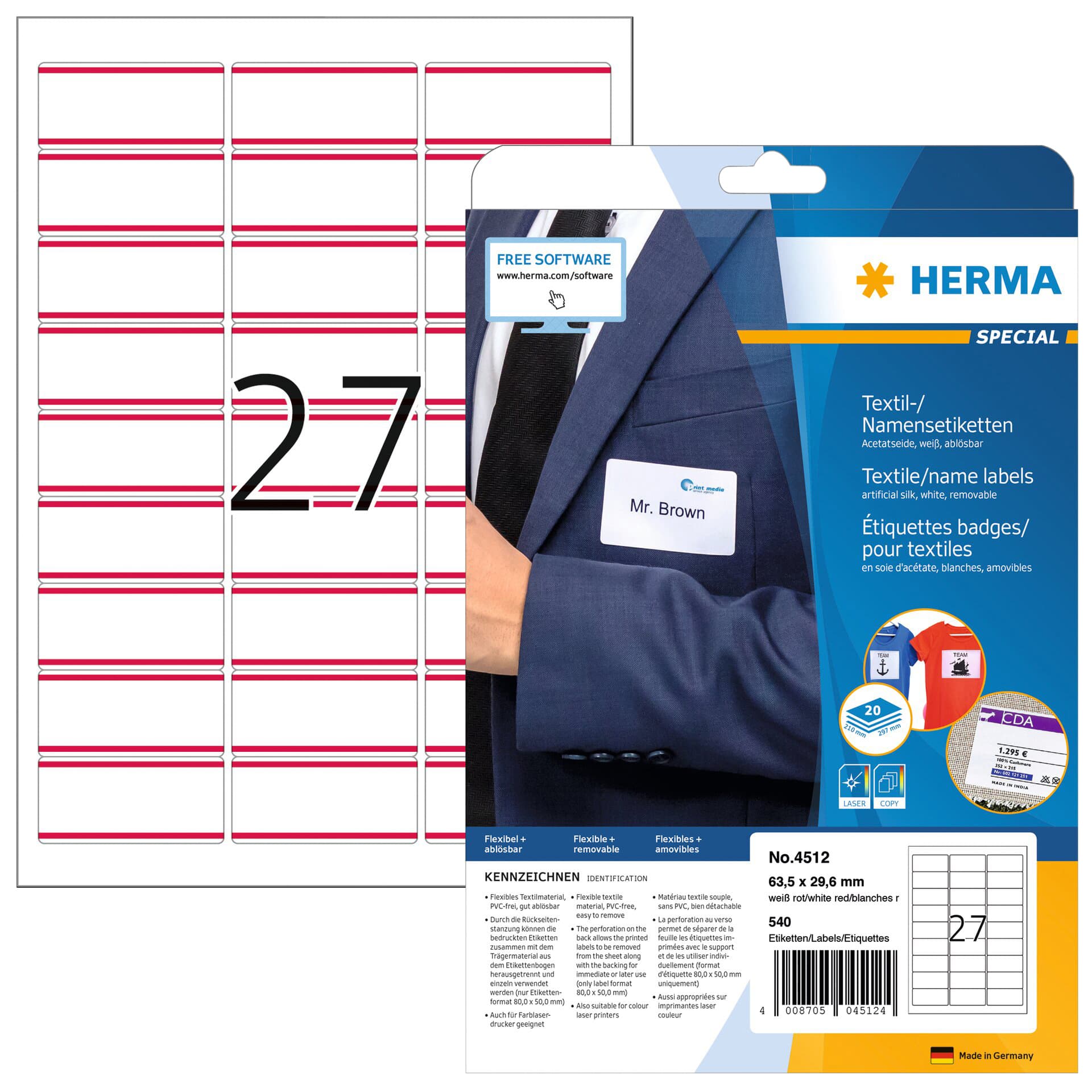 Naambadge etiket HERMA 4512 63.5x29.6mm wit/rood 540 stuks