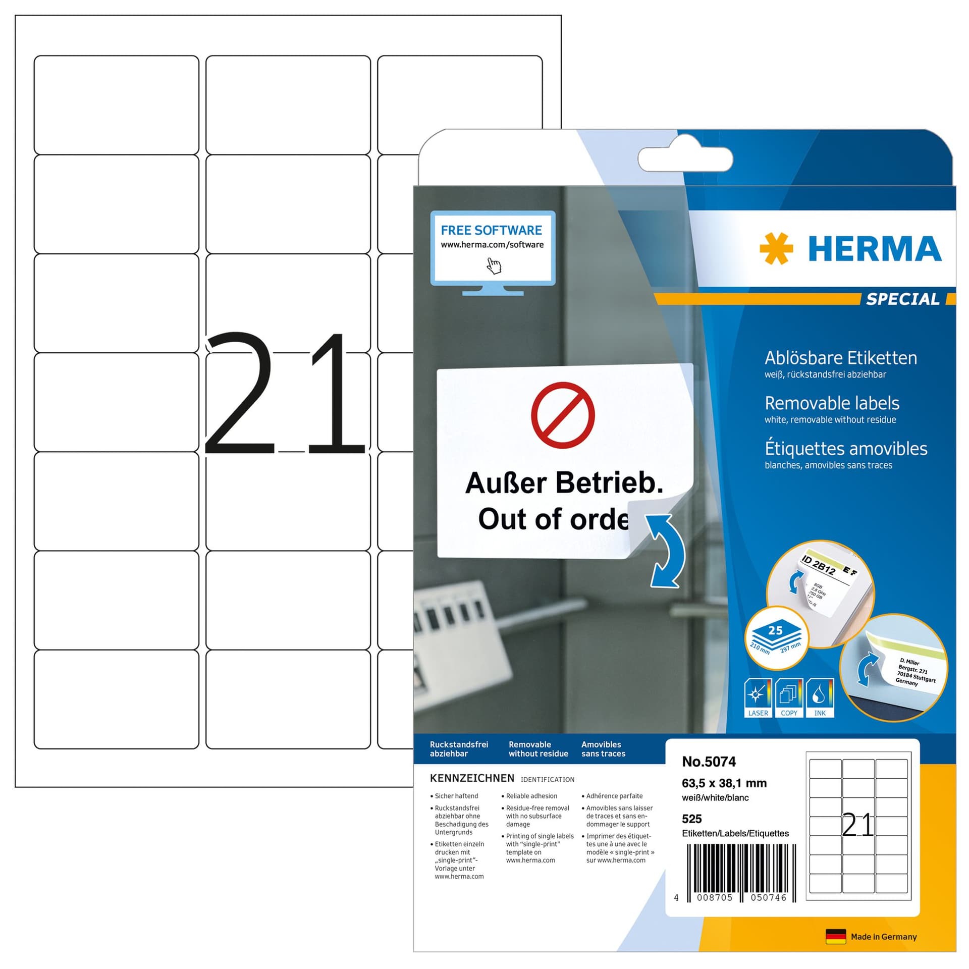 Etiket HERMA 5074 63.5x38.1mm verwijderbaar wit 525 stuks