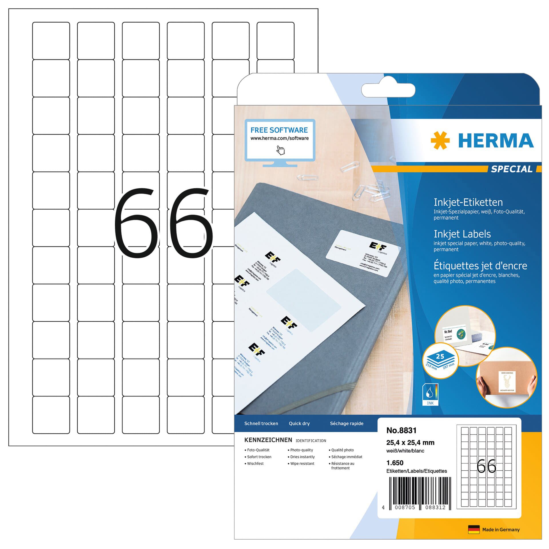 Etiket HERMA 8831 25.4x25.4mm mat wit 1650 stuks