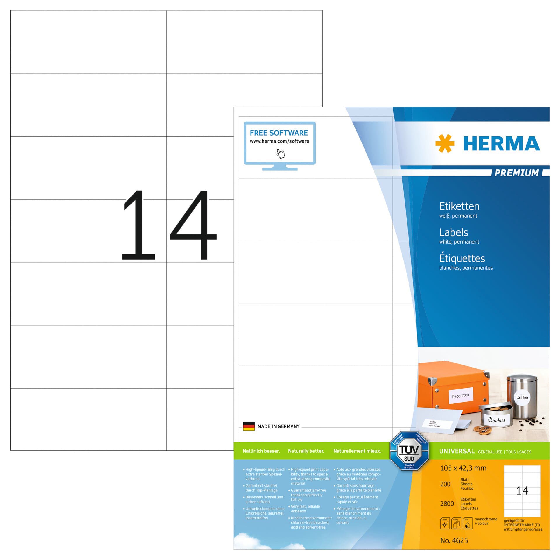 Etiket HERMA 4625 105x42.3mm premium wit 2800 stuks