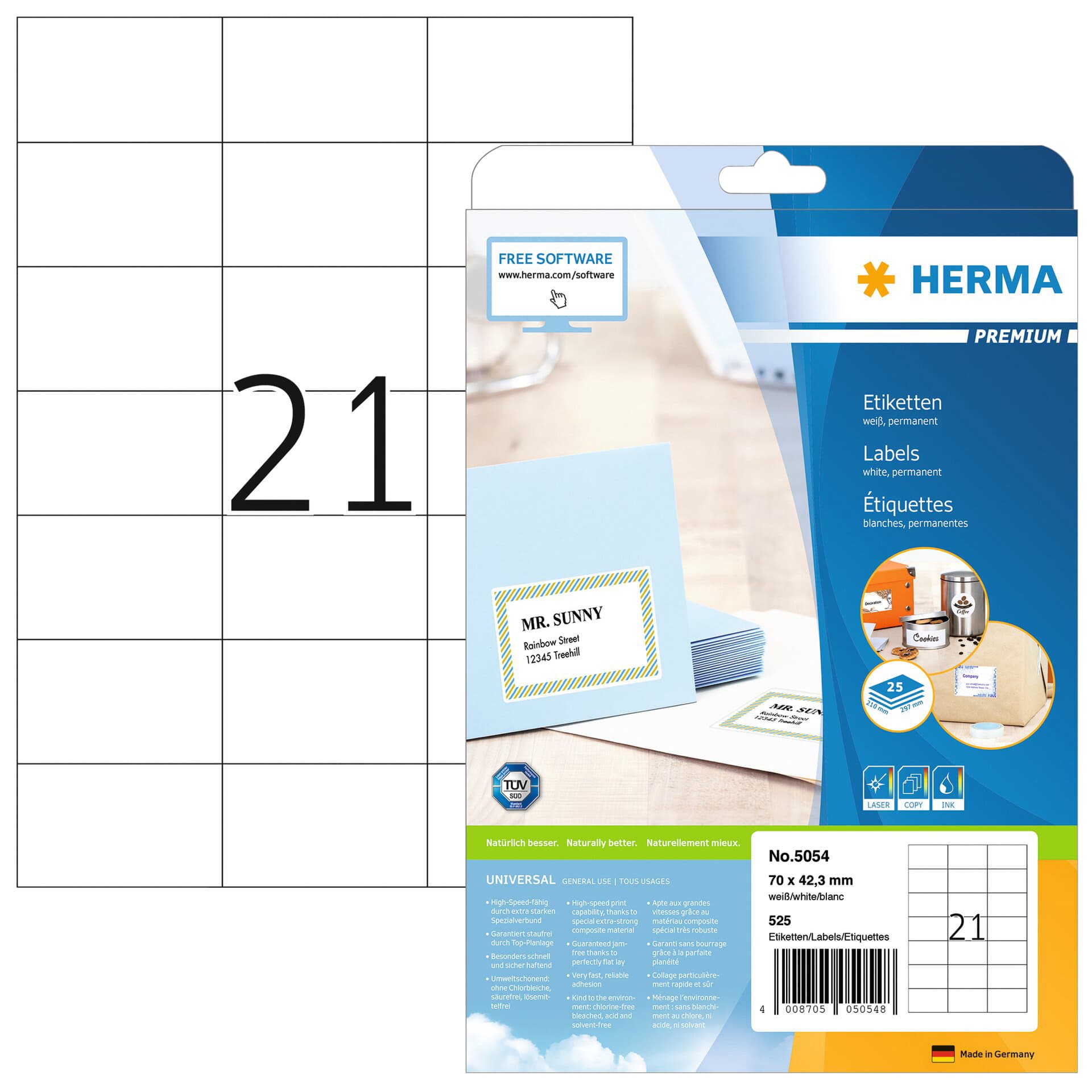 Etiket HERMA 5054 70x42.3mm premium wit 525 stuks