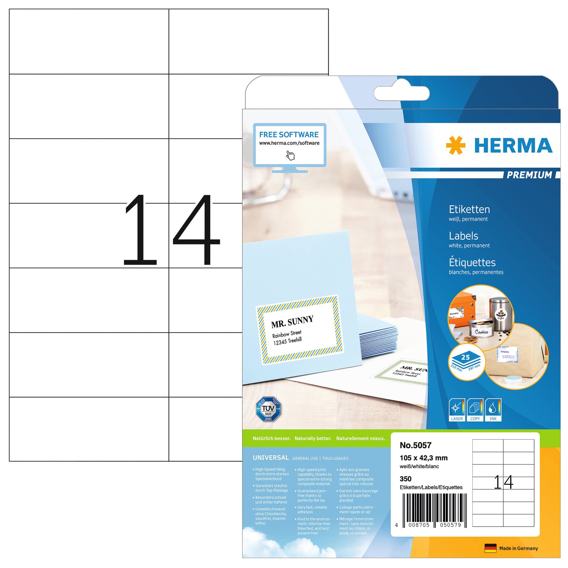 Etiket HERMA 5057 105x42.3mm premium wit 350 stuks
