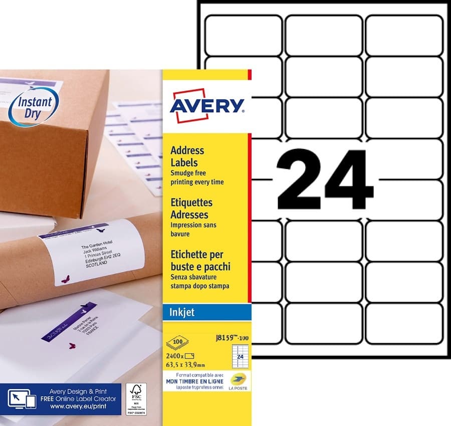 Etiket Avery J8159-100 63.5x33.9mm wit 2400 stuks 2