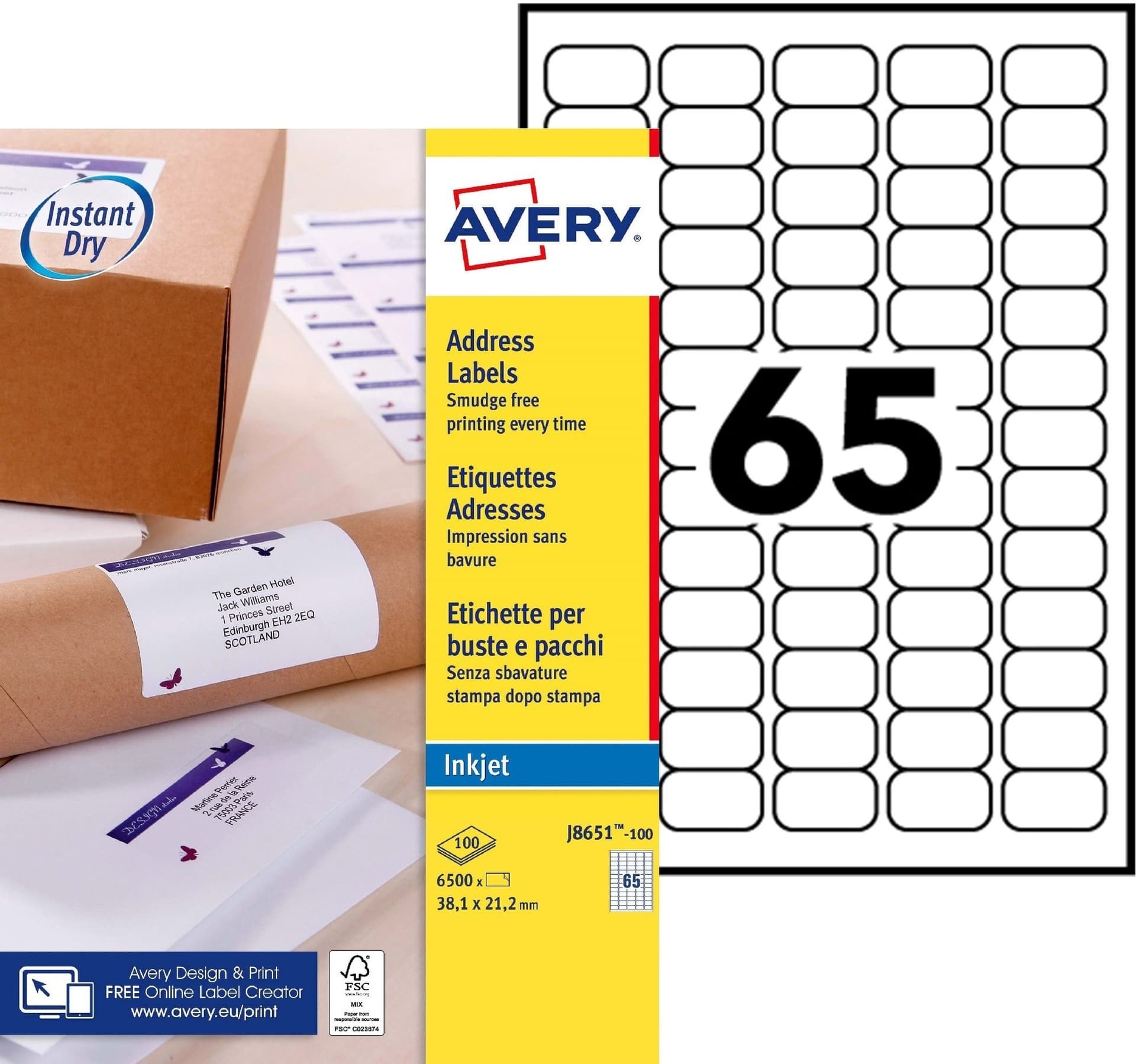 Etiket Avery J8651-100 38.1x21.2mm wit 6500 stuks 2