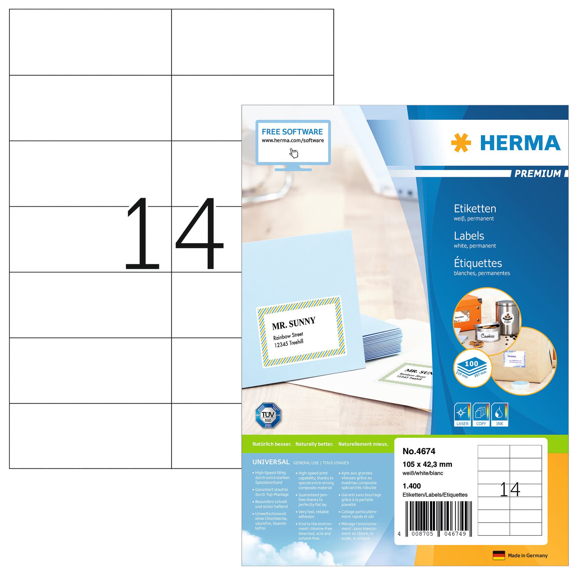 Etiket HERMA 4674 105x42.3mm premium wit 1400 stuks