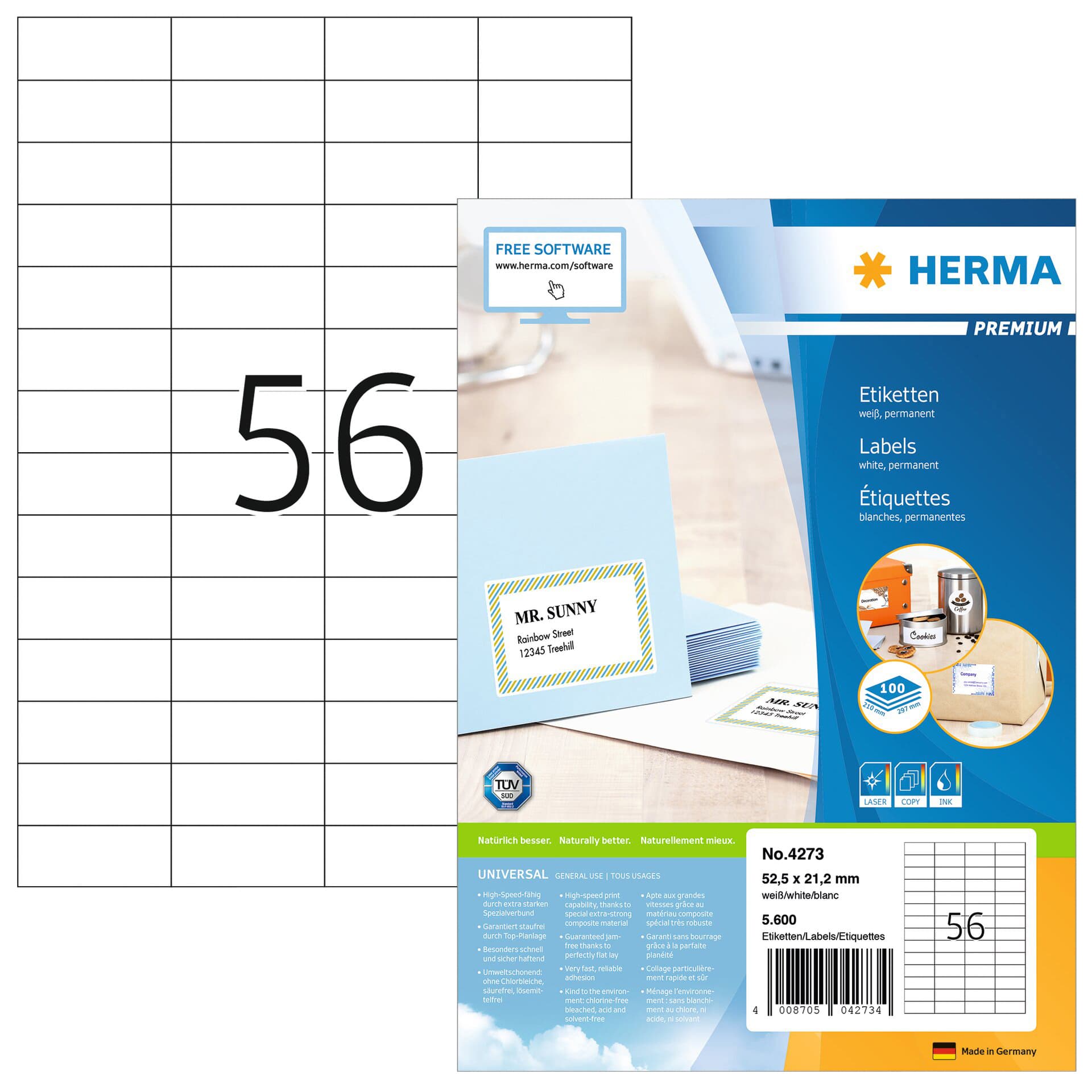 Etiket HERMA 4273 52.5x21.2mm premium wit 5600 stuks