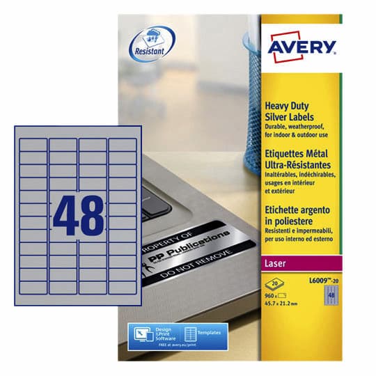 Etiket Avery L6009-20 45.7x21.2mm zilver 960 stuks