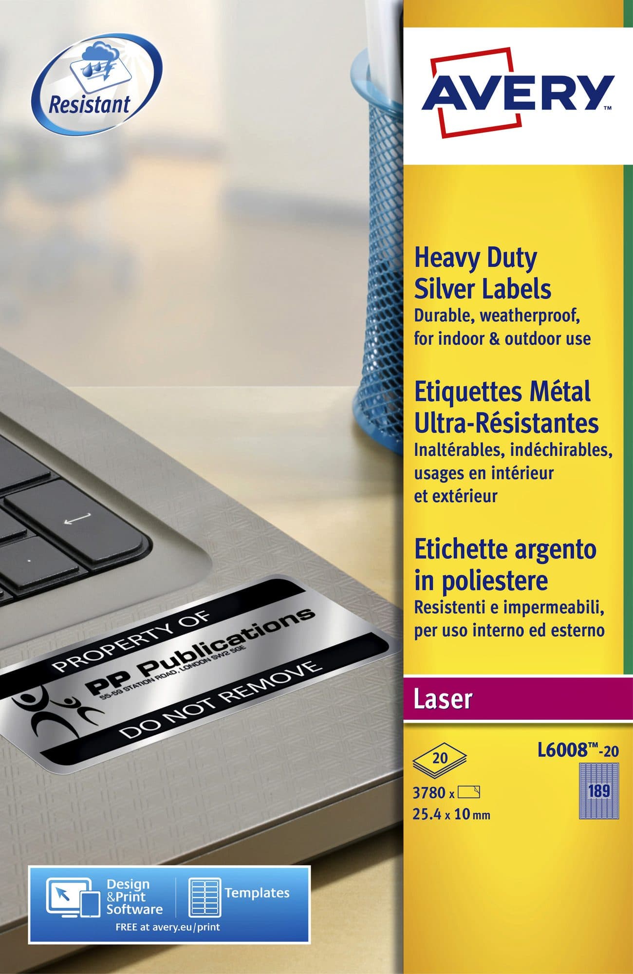 Etiket Avery L6008-20 25.4x10mm zilver 3780 stuks 2
