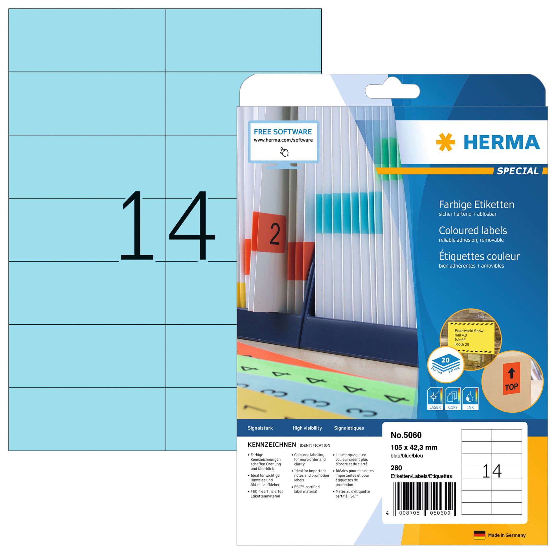 Etiket HERMA 5060 105x42.3mm verwijderbaar blauw 280 stuks
