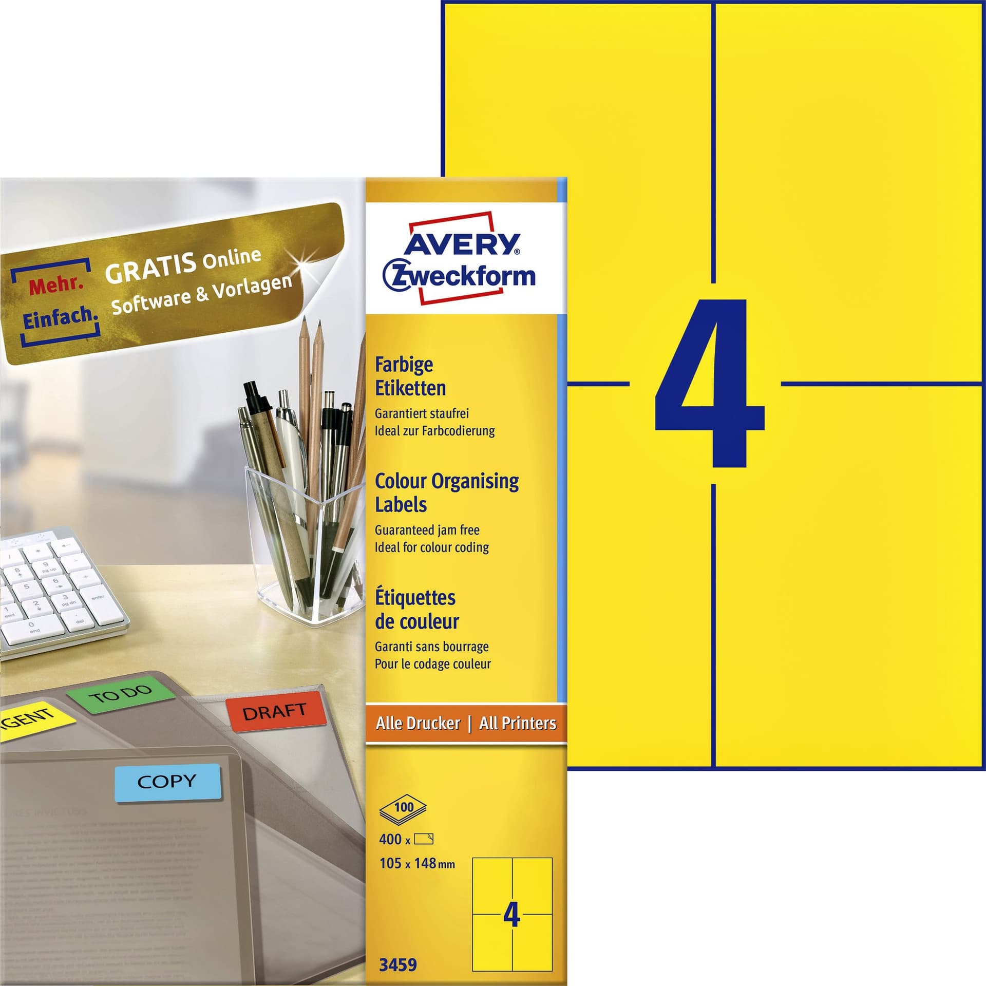 Etiket Avery 3459 105x148mm A6 geel 400 stuks