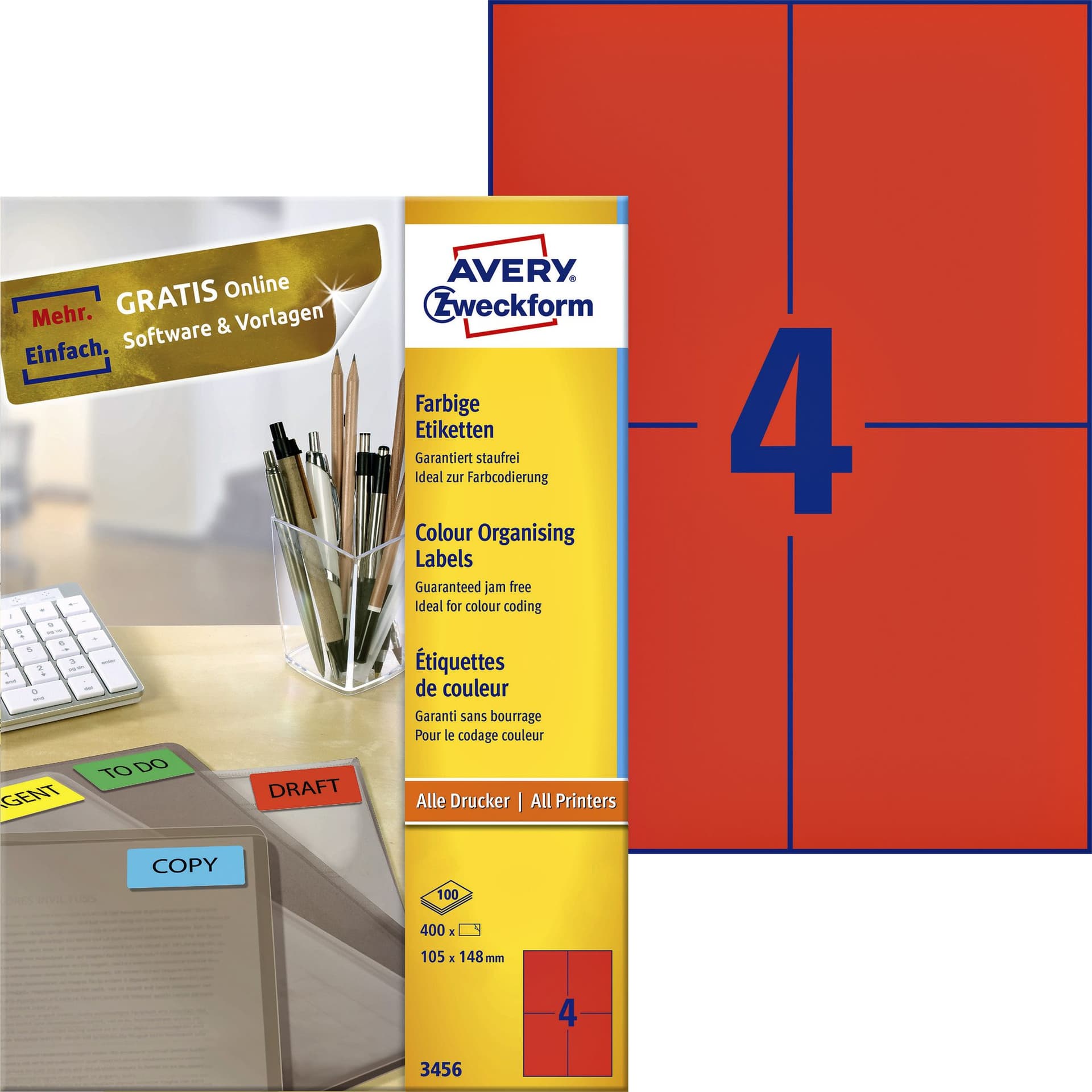 Etiket Avery 3456 105x148mm A6 rood 400 stuks