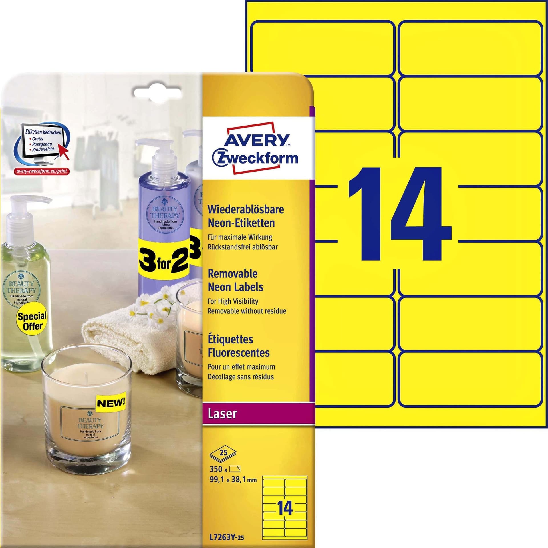 Etiket Avery L7263Y-25 99.1x38.1mm neon geel 350 stuks 2