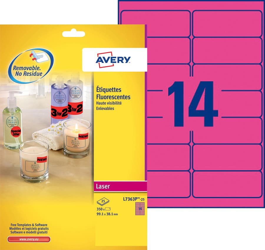Etiket Avery L7363P-25 99.1x38.1mm neon roze 340 stuks