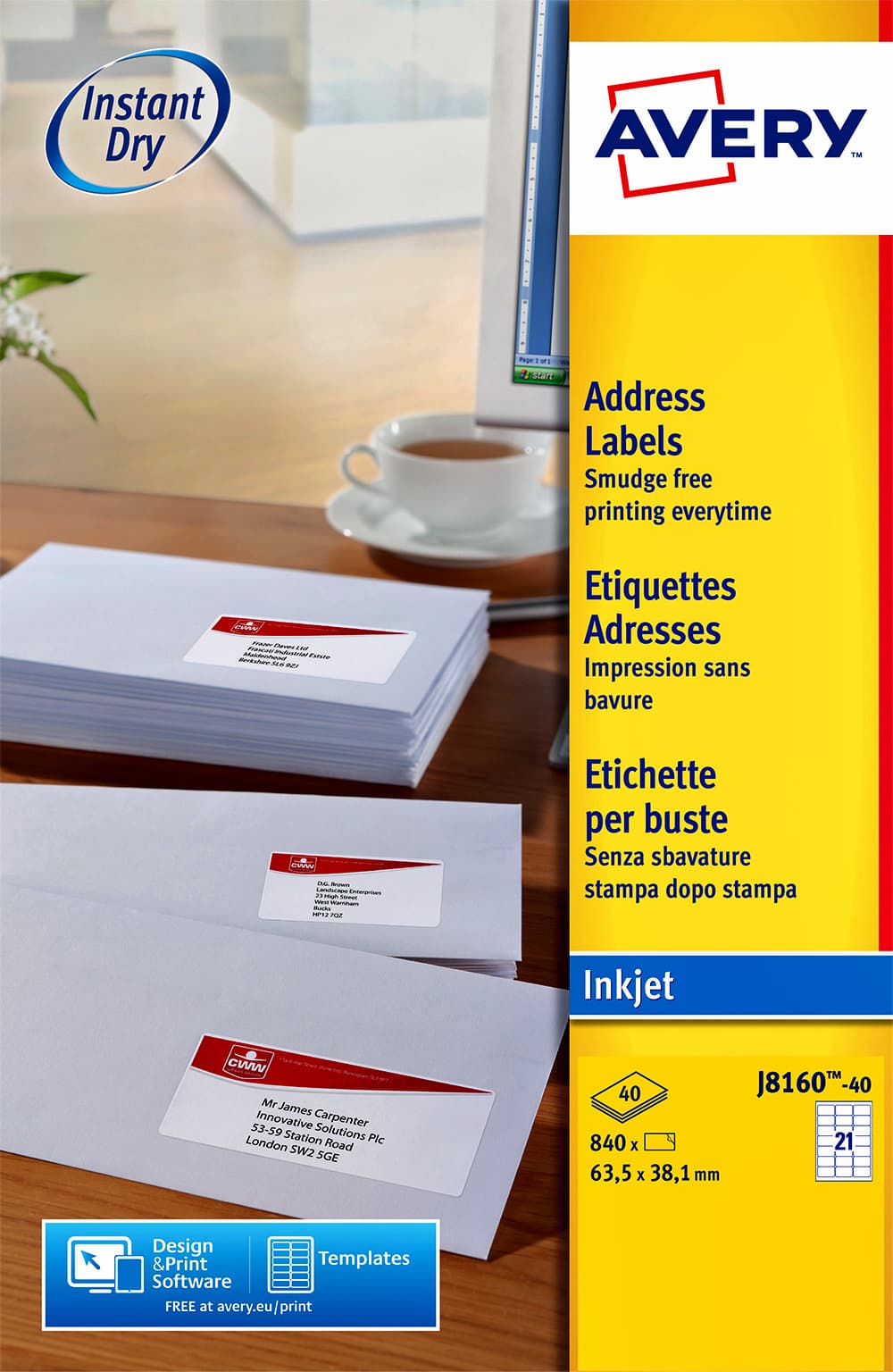 Etiket Avery J8160-25 63.5x38.1mm wit 525 stuks