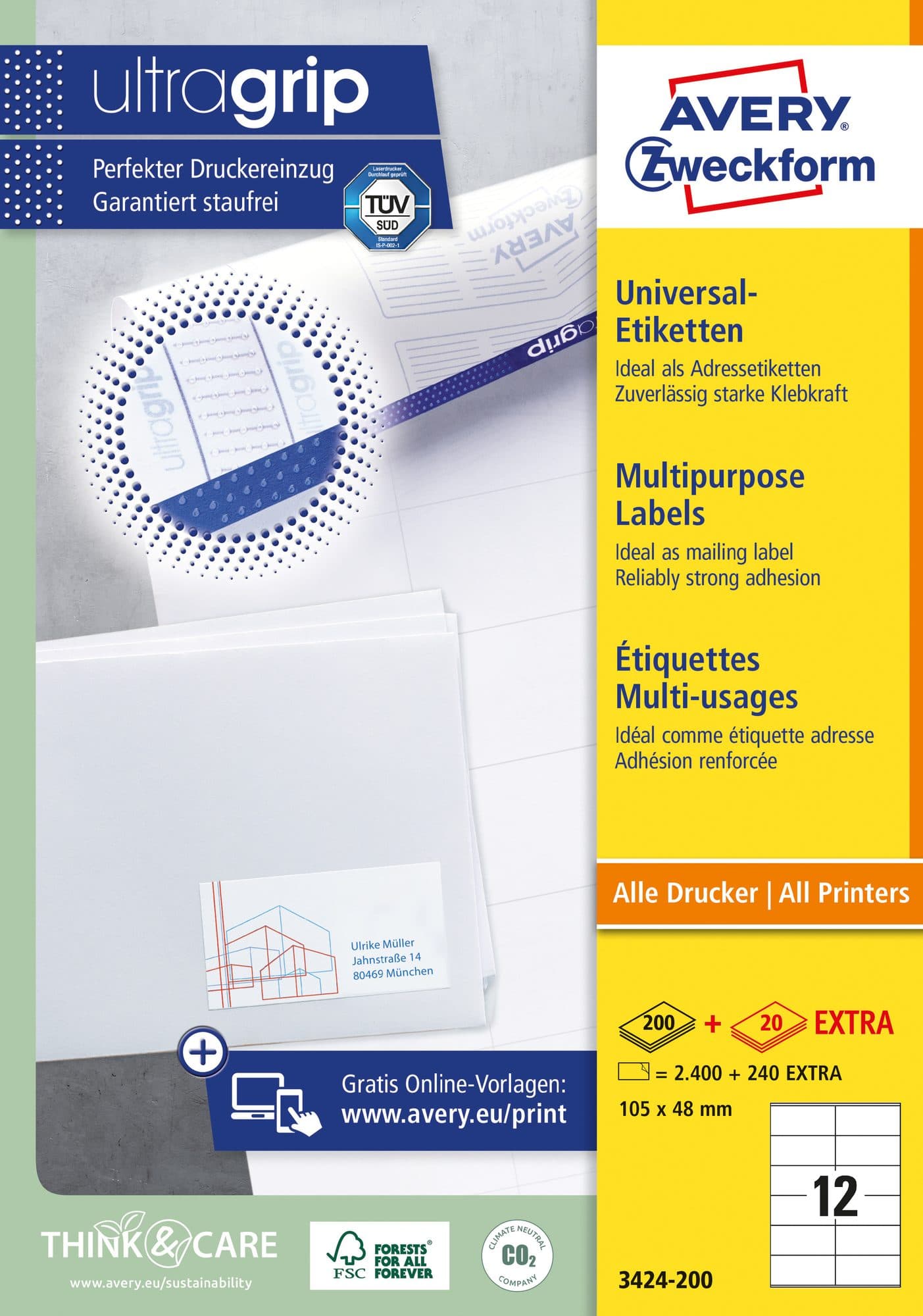 Etiket Avery 3424-200 105x48mm wit 2400 stuks