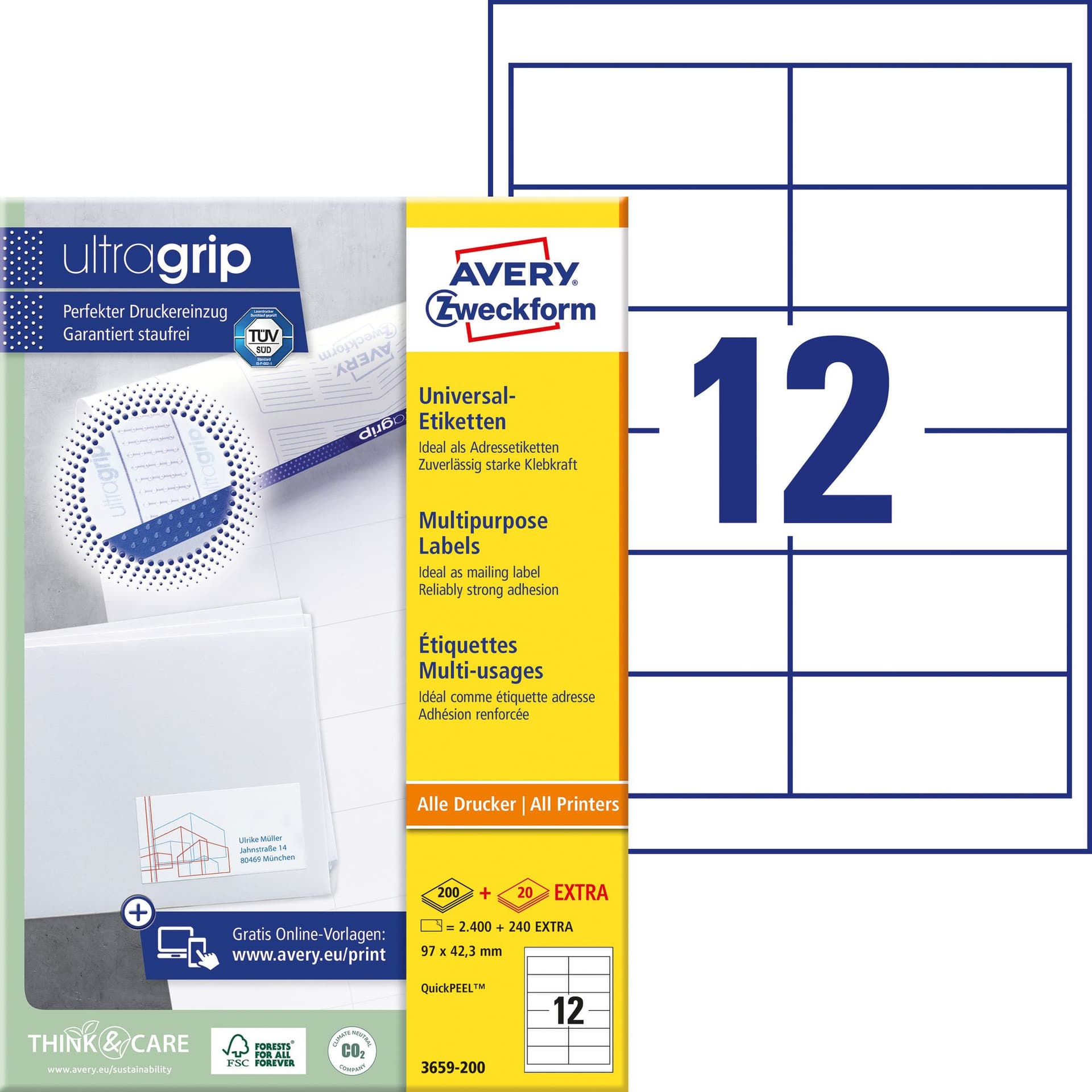 Etiket Avery 3659-200 97x42.3mm wit 2400 stuks 2